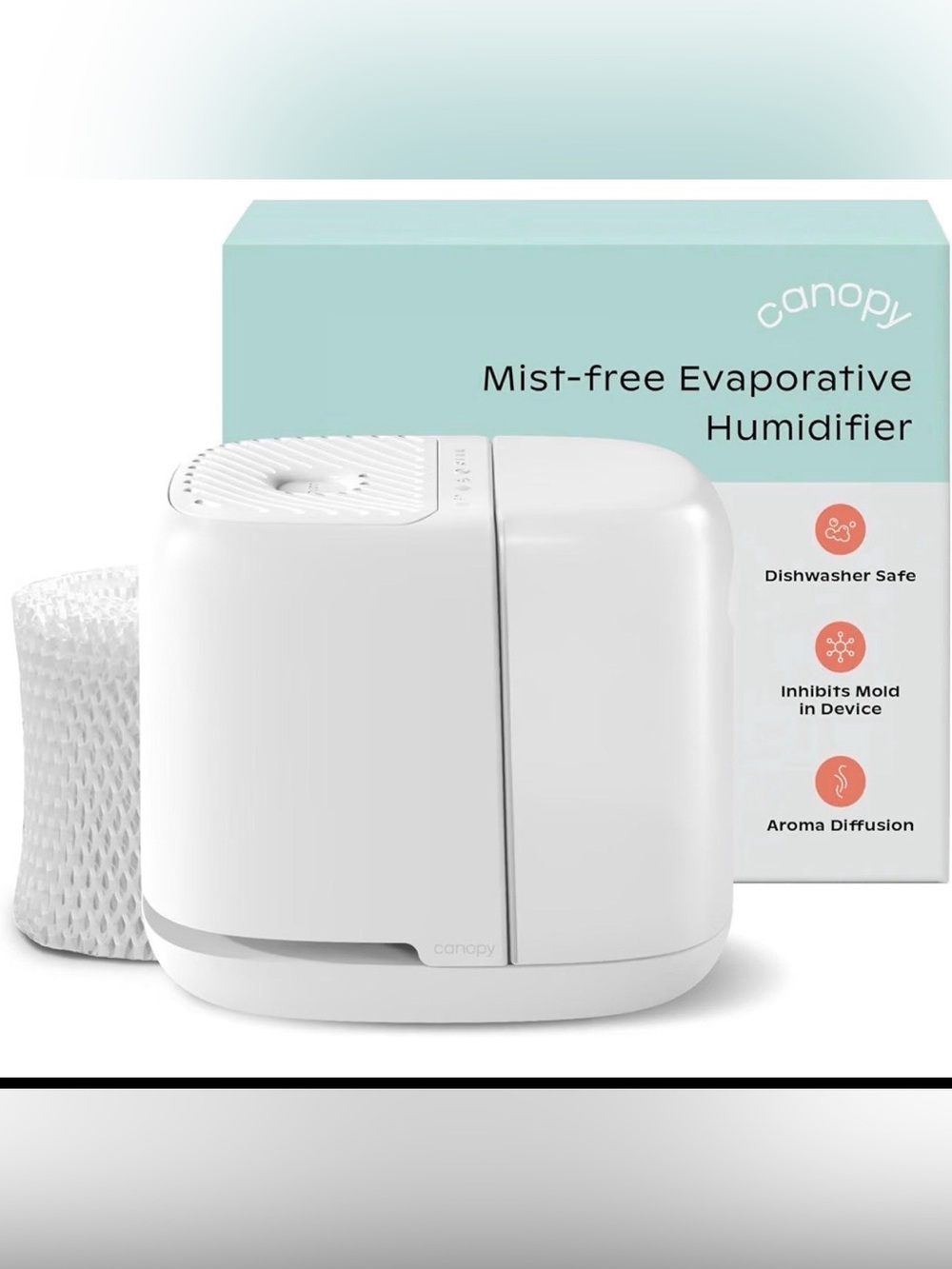 Canopy Bedside Humidifier 2.0, White, 2.5L, 36 Hr, Reading Light & Sound